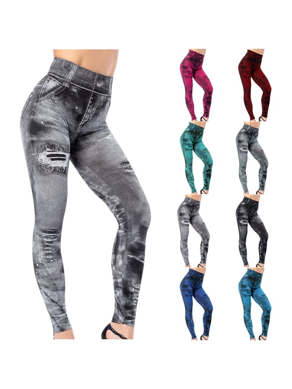 Imitation Denim Leggings for Women - Sexy Camouflage Printed Tummy Control Yoga Pants Casual Soft Stretch Trousers Tights Full Length High Waisted Running Workout Leggings