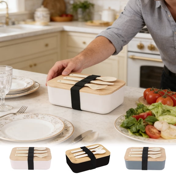 Tarmeek Japanese-Style Bamboo Lid Bento Box, Double Layer Lunch Box with Cutlery, Compartmentalized Bento for Adults, Portable Lunch Box 19x11.7cm