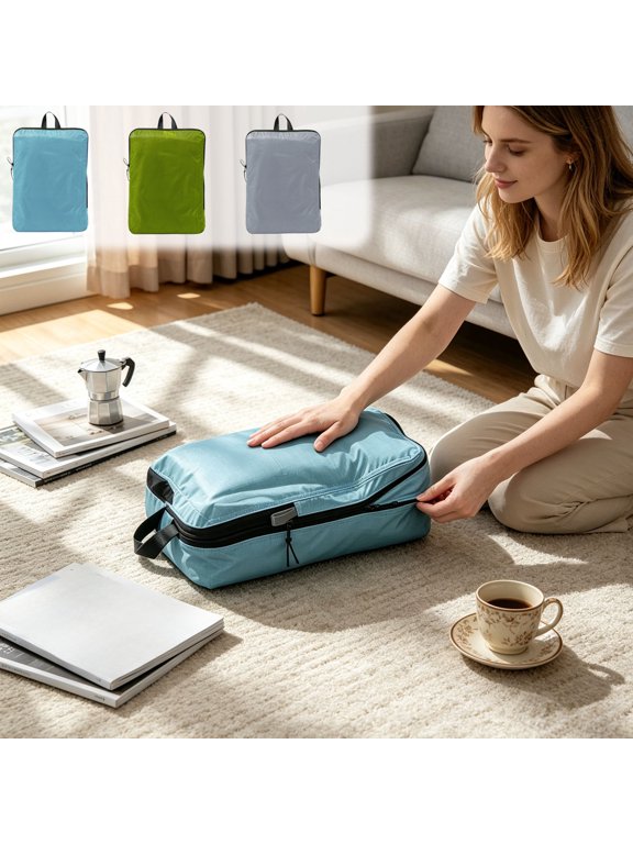 Large Compression Packing Cube L Size 15.35x11.42in Waterproof Nylon Travel Organizer Space Saving Luggage Bag for Clothes Jackets Towels Manual Compression No Pump Needed