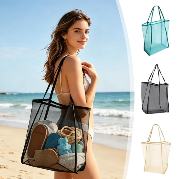 Tarmeek Mesh Beach Tote Bag Lightweight Transparent Net Shoulder Bag Large Capacity Reusable Plastic Grocery Tote for Summer Beach Travel