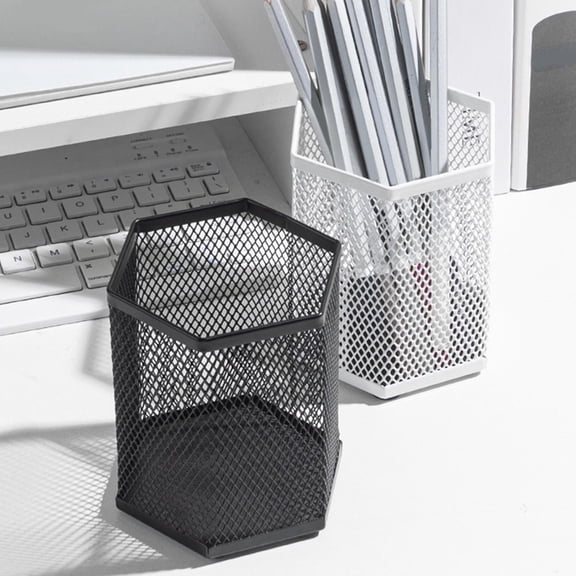 Tarmeek Metal Mesh Desk Organizer Hexagonal Mesh Pen Holder Wire Pen Cup Office Pen Caddy Compartment Organizer for Desk Supplies, Compact Rounded-Edge Design, White