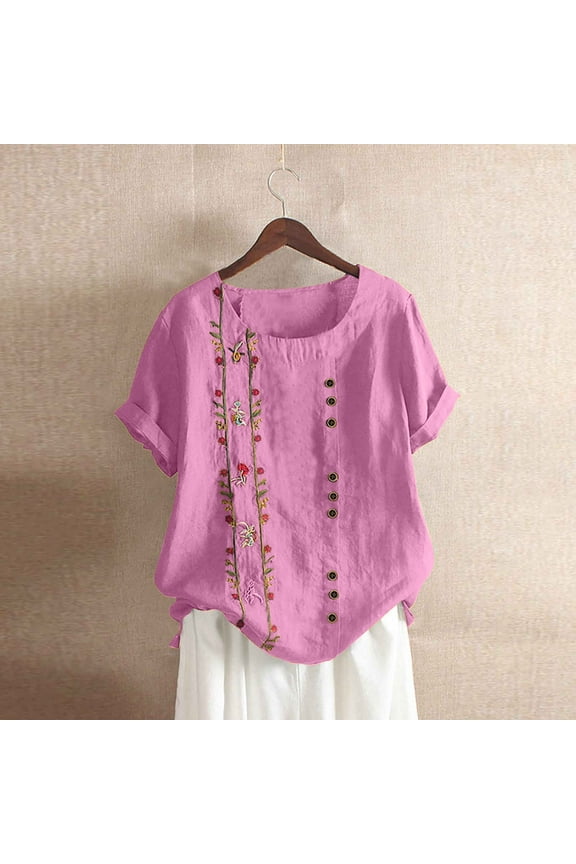 Mexican Embroidered Tops for Women Summer Short Sleeve Boho Shirts Peasant Blouses Loose Fitting Bohemian Hippie Tops S-5XL