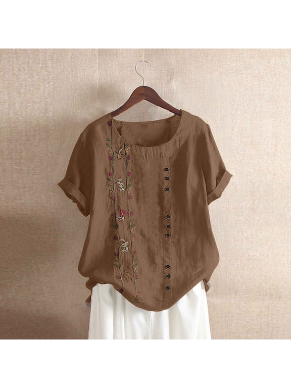 Mexican Embroidered Tops for Women Summer Short Sleeve Boho Shirts Peasant Blouses Loose Fitting Bohemian Hippie Tops S-5XL