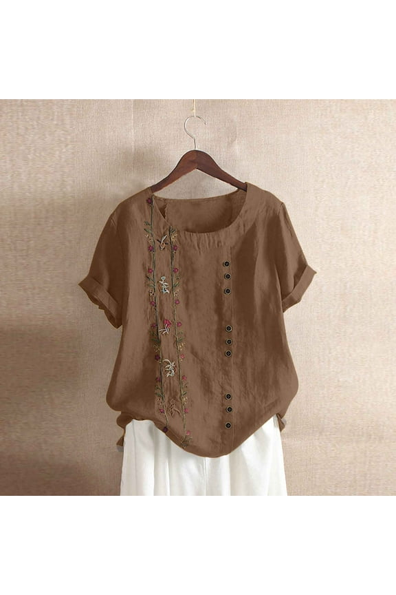 Mexican Embroidered Tops for Women Summer Short Sleeve Boho Shirts Peasant Blouses Loose Fitting Bohemian Hippie Tops S-5XL