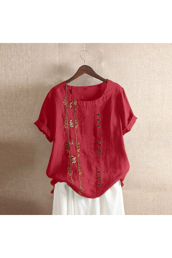 Mexican Embroidered Tops for Women Summer Short Sleeve Boho Shirts Peasant Blouses Loose Fitting Bohemian Hippie Tops S-5XL