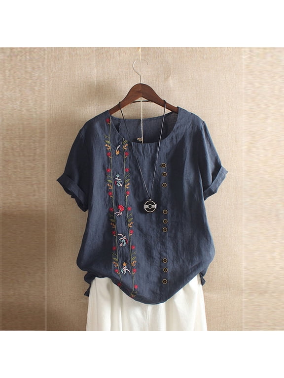 Mexican Embroidered Tops for Women Summer Short Sleeve Boho Shirts Peasant Blouses Loose Fitting Bohemian Hippie Tops