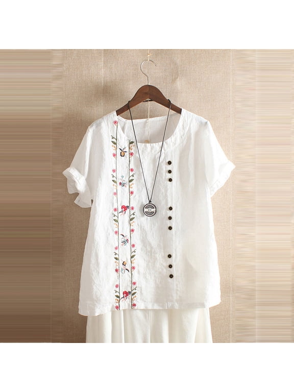 Mexican Embroidered Tops for Women Summer Short Sleeve Boho Shirts Peasant Blouses Loose Fitting Bohemian Hippie Tops