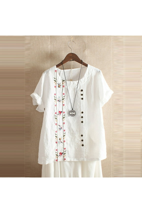 Mexican Embroidered Tops for Women Summer Short Sleeve Boho Shirts Peasant Blouses Loose Fitting Bohemian Hippie Tops