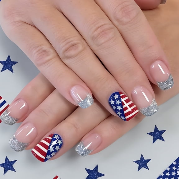 Memorial Day Saving! Press on Nails Full Cover French Acrylic Fake Nails Reusable Manicure Set with Adhesive Included, Independence Day False Nails for Women, Short Coffin Almond Tips