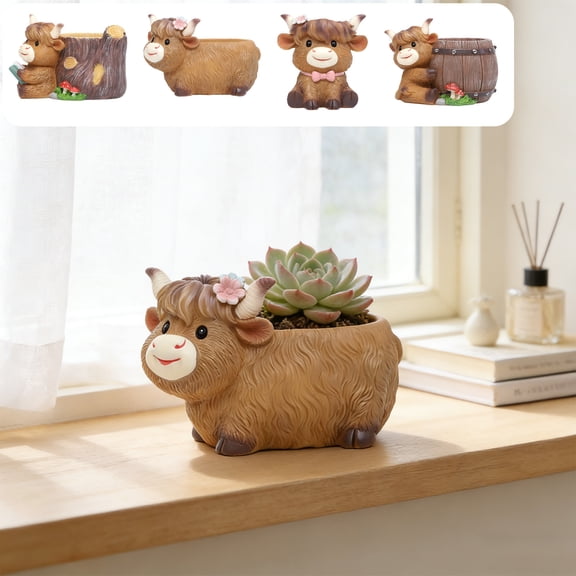 Tarmeek Resin Animal Planter Pot - Highland Cow Shape Novelty Container for Succulents, Garden, Balcony, Indoor Outdoor Use, Cute Farm Animal Vase for Plant Lovers