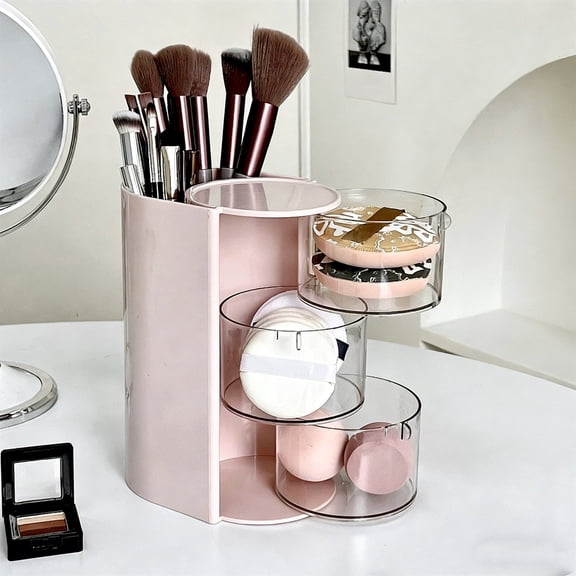 Tarmeek Rotating Covered Desk Organizer 3-Tier Transparent Trays Multi Functional Storage Box for Makeup Brush Holder Lipsticks Pens Desktop Caddy Pink Compact