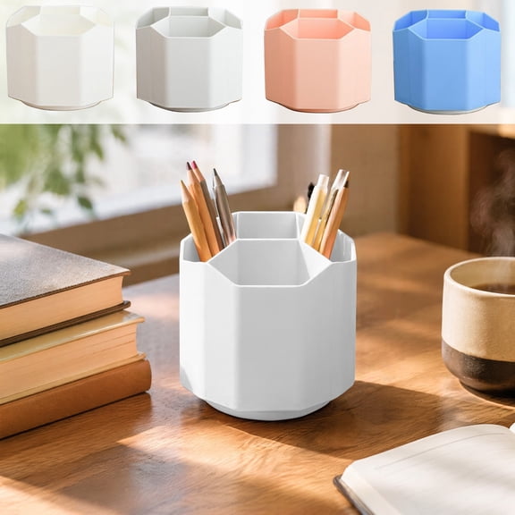 Tarmeek Rotating Pen Container 360 Degree Desk Organizer Multi-Compartment Pen Holder Spinning Pencil Cup Desktop Storage Box with Stepped Grid Design, Lightweight Plastic, 15.5x15.5x11cm, White