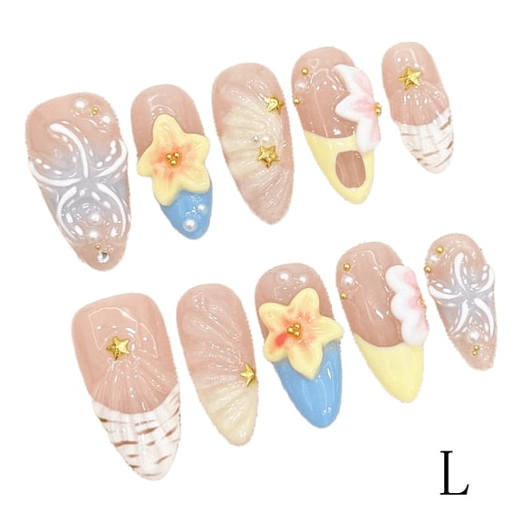 Tarmeek Sea Shell Starfish 3D Carved False Nail Tips 10 Pieces L Size Salon Quality Acrylic Nails for Beach Party Wedding Manicure Reusable