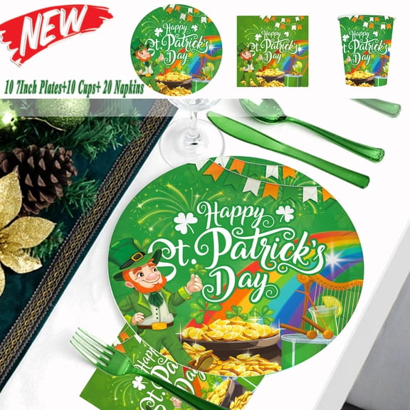 Tarmeek St Patricks Day Party Supplies 40pcs, Disposable St Patricks Day Design 10 Cups, 10 Plates and 20 Napkins Set, St Patricks Day Decorations Tableware Set for Dinner