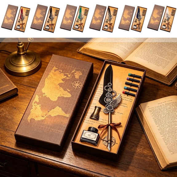 Tarmeek Steampunk Quill Pen Gift Set with 15ml Ink 5 Replacement Sacs Vintage Writing Kit Feather Pen Gift for Journaling Calligraphy Pen Set for Adults