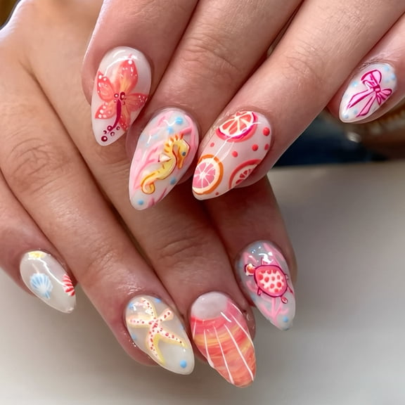 Tarmeek Summer Ocean Style Press on Nails, Reusable Artificial False Nails with Adhesive Included, Coffin Almond Stiletto Fake Nails Set for Women and Girls Beach Party
