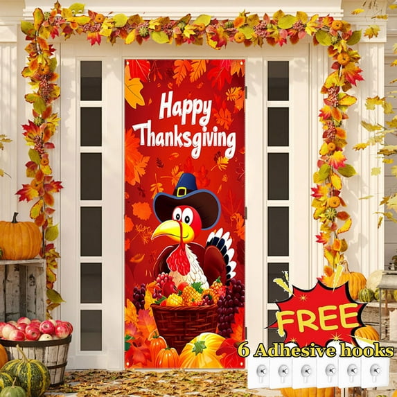 Tarmeek Thanksgiving Door Cover Decorations, Cute Turkey Backdrop Front Door Cover Thanksgiving Day Decor Hanging Banner, Photography Background for Home Holiday Thanksgiving Decorations