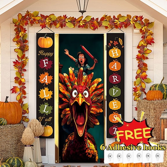 Tarmeek Thanksgiving Door Cover Decorations, Fall Harvest Backdrop Front Door Cover Thanksgiving Day Decor Hanging Banner, Photography Background for Home Holiday Thanksgiving Decorations