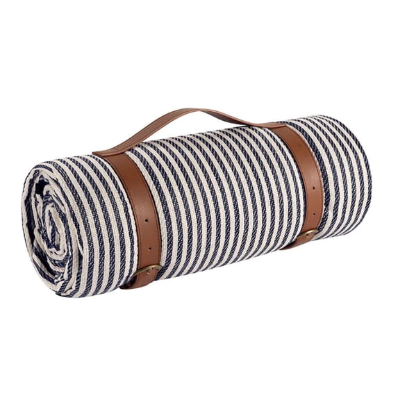 Tarmeek Waterproof Picnic Blanket Large Outdoor Mat for Beach Camping Hiking Travel with Leather Straps 200x300cm Blue White Stripes