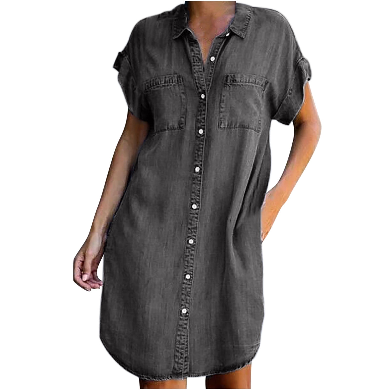 Tarmeek Women's Midi Dress Tiered Denim Shirt Dresses Short Sleeve ...
