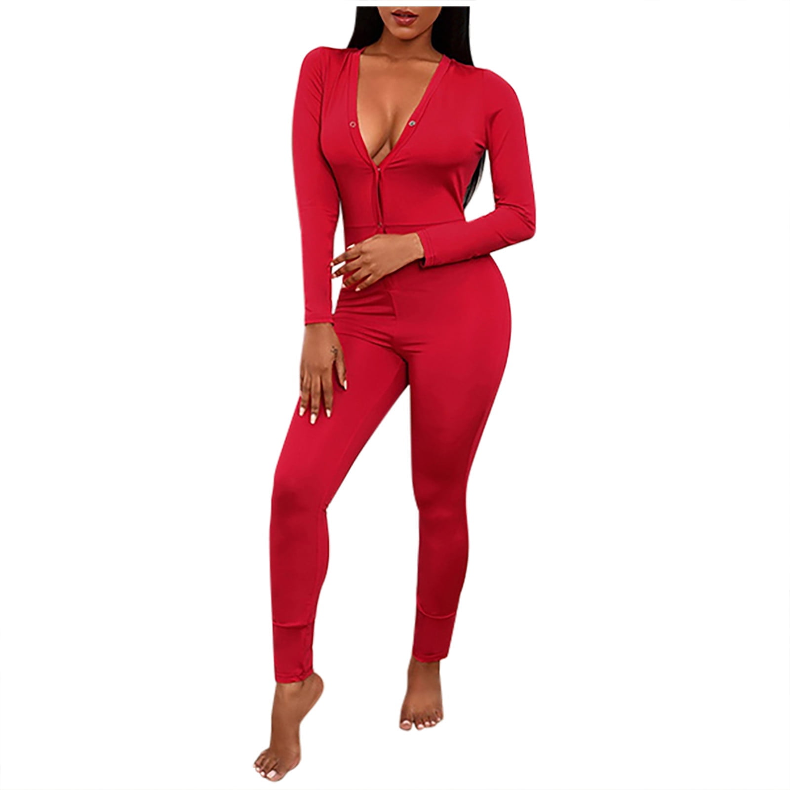 Tarmeek Womens Sexy Deep V Neck Button Down Butt Flap Pajamas Solid Color Long Onesies Pajamas 