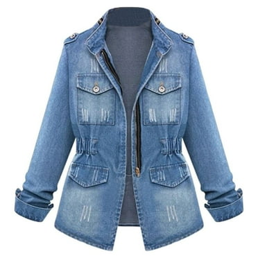 Tarmeek Womens Tops,Fall Denim Jackets for Women,Shacket Jacket for Women,Womens Long Sleeve Denim Shirts Jacket with Pockets,Plus Size Zipper Solid Slim Cropped Coat Blouses,Gifts for Women