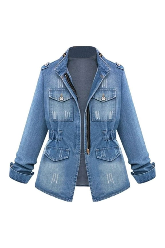 Womens Tops,Fall Denim Jackets for Women,Shacket Jacket for Women,Womens Long Sleeve Denim Shirts Jacket with Pockets,Plus Size Zipper Solid Slim Cropped Coat Blouses,Cardigan for Women