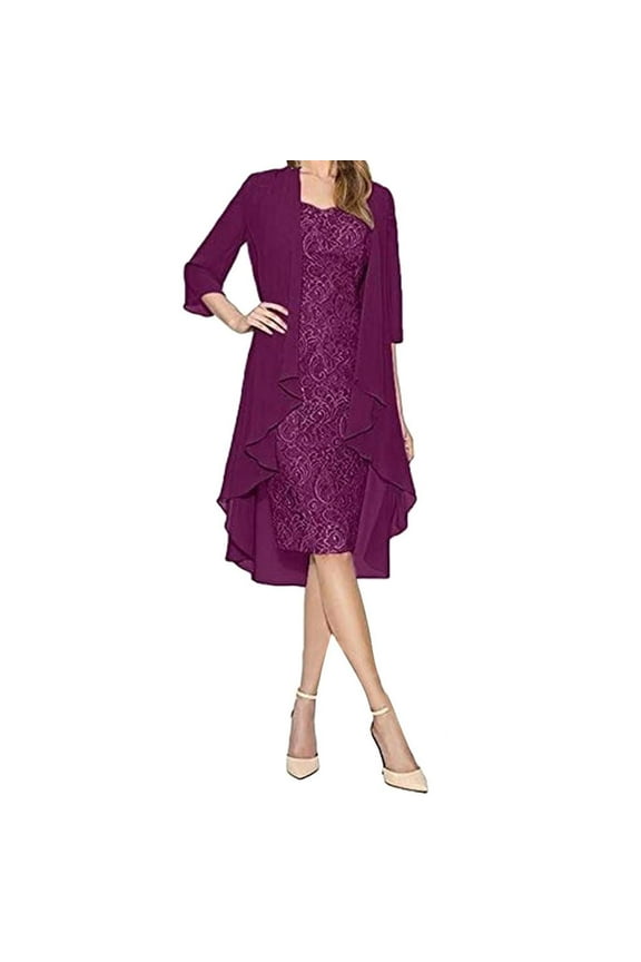 Womens Two Piece Set Wedding Guest Dress Round Neck Solid Color Chiffon Flowy Midi Dress with Jacket Mother of The Bride Dress Holiday Beach Sundress Summer Casual Dress