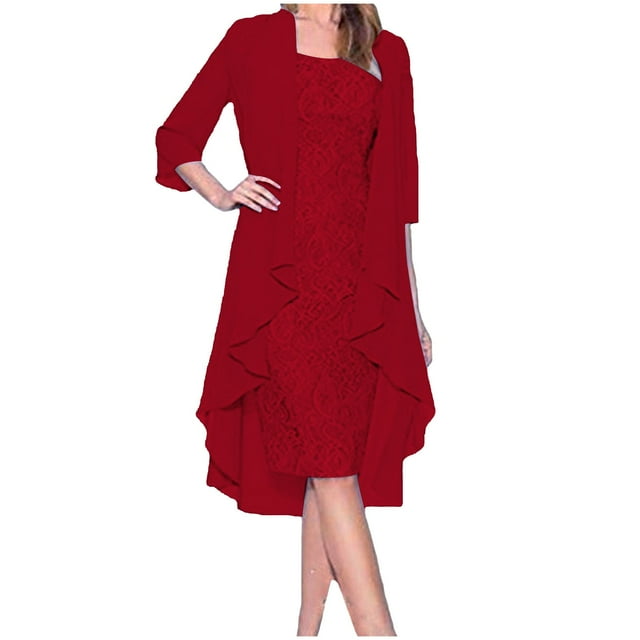 Tarmeek Womens Two Piece Set Wedding Guest Dress Round Neck Solid Color Chiffon Flowy Midi Dress with Jacket Mother of The Bride Dress Holiday Beach Sundress Summer Casual Dress