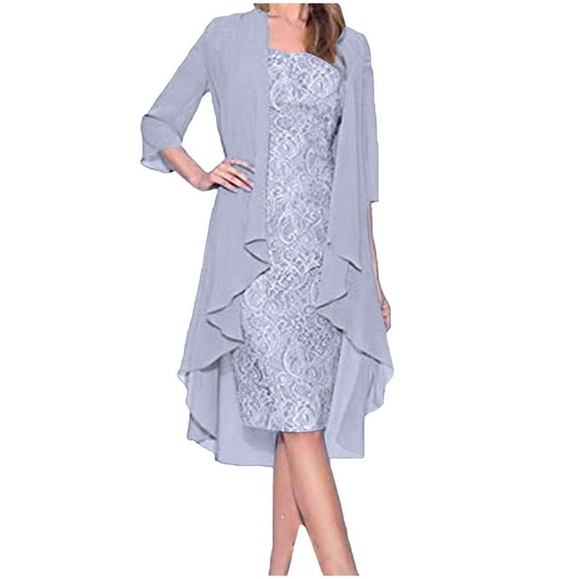 Tarmeek Womens Two Piece Set Wedding Guest Dress Round Neck Solid Color Chiffon Flowy Midi Dress