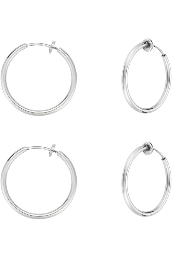 Tarnish Resistant 201 Stainless Steel Retractable Clip-on Hoop Earrings For Non-pierced Ears with 304 Stainless Steel Pins and Spring Findings Stainless Steel color 24.5x2mm