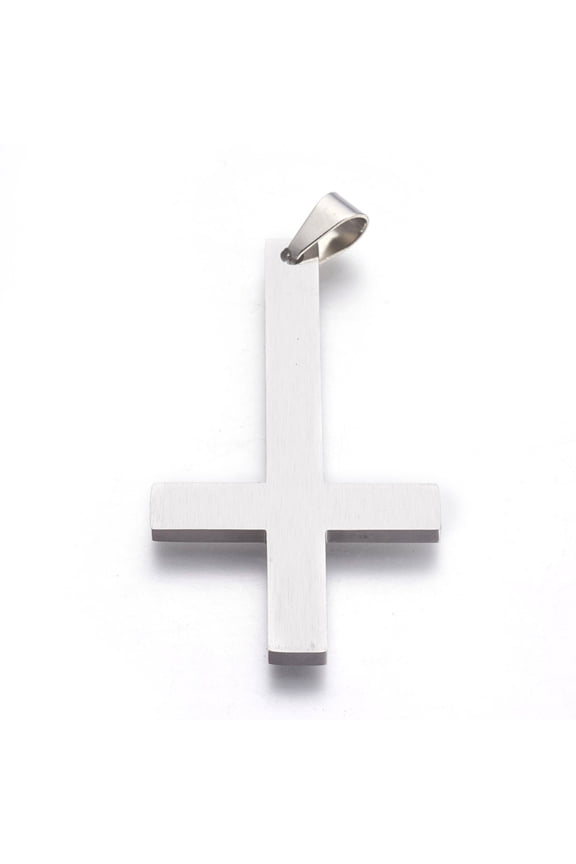 Tarnish Resistant 304 Stainless Steel Big Pendants Inverted Cross Stainless Steel color 55x30x2.5mm Hole: 4.5x7.5mm
