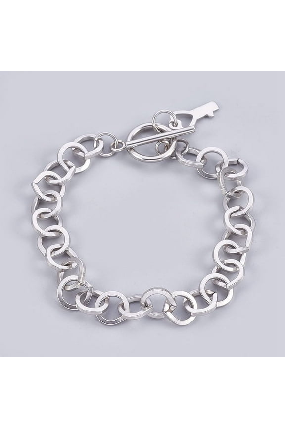 Tarnish Resistant 304 Stainless Steel Cable Chain Bracelets with Toggle Clasps and Key Shape Charm Stainless Steel Color 7-5/8 inch(19.5cm) 9mm