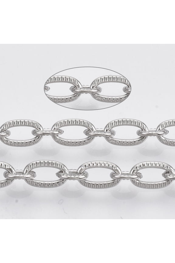 Tarnish Resistant 304 Stainless Steel Cable Chains Unwelded Textured with Spool Flat Oval Stainless Steel Color Small Link: 5x4x1mm Big Link: 7x4.5x1mm about 65.61 Feet(20m)/roll