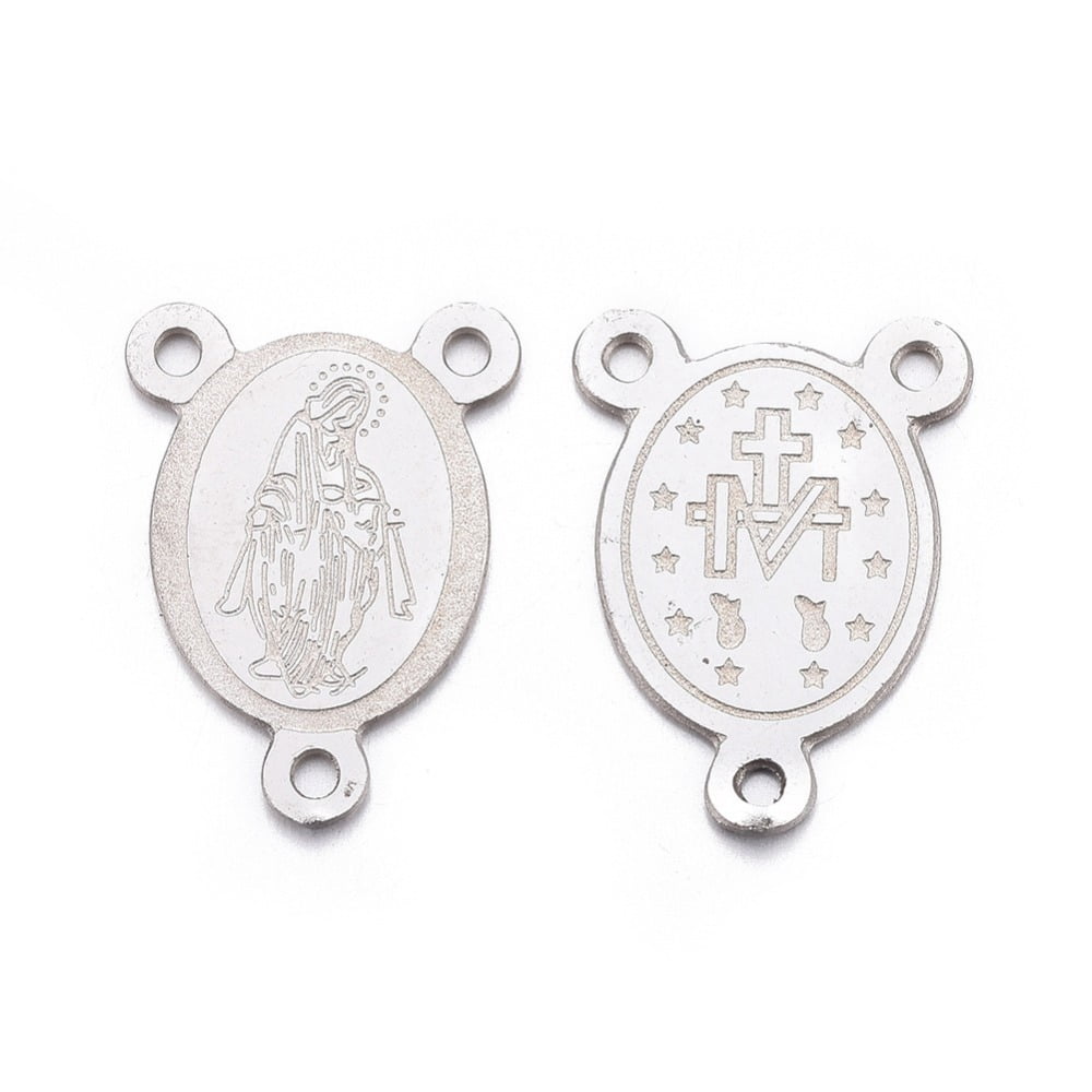 Tarnish Resistant 304 Stainless Steel Chandelier Component Links 3 Loop Connectors Oval with Virgin Mary Stainless Steel color 15x10x0.8mm Hole: 1.2mm