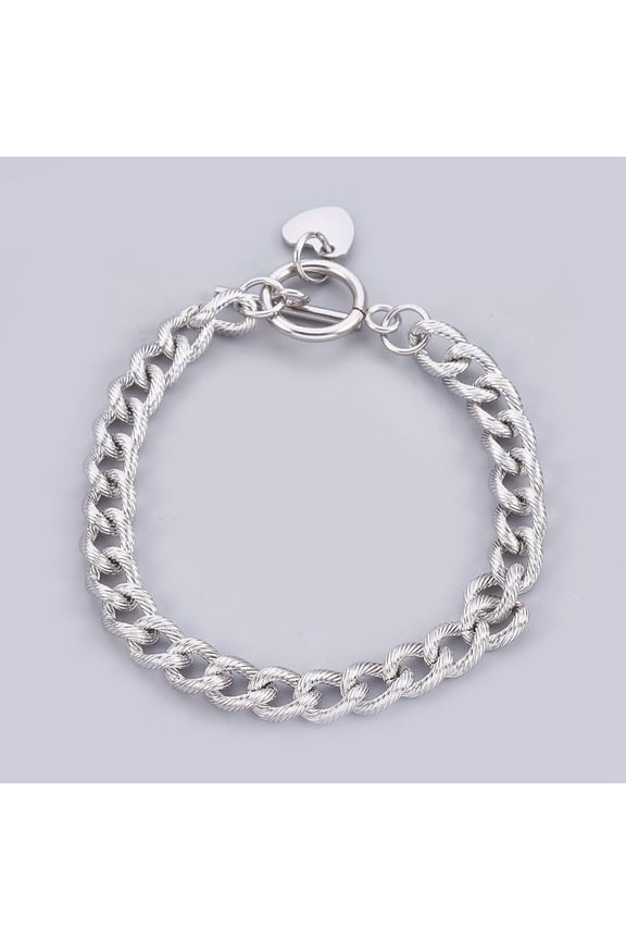 Tarnish Resistant 304 Stainless Steel Curb Chain Bracelets Textured with Toggle Clasps and Heart Shape Charm Stainless Steel color 7-1/2 inch(19cm) 7mm