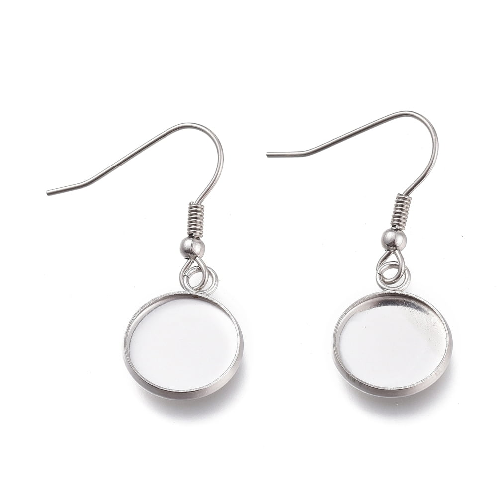 Tarnish Resistant 304 Stainless Steel Earring Hooks with Blank Pendant Trays Flat Round Setting for Cabochon Stainless Steel Color 36mm Tray: 12mm 20 Gauge Pin: 0.8mm