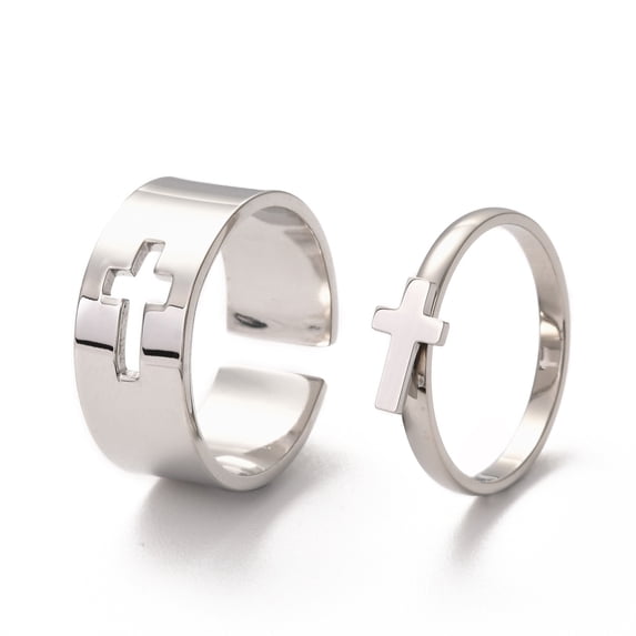 Tarnish Resistant 304 Stainless Steel Finger Rings sets Wide Band Cuff Rings and Finger Rings Couple Rings for Valentine's Day Cross Stainless Steel color Size 6 3/4(17.1mm) Size 8(18.1mm) 2pcs/set