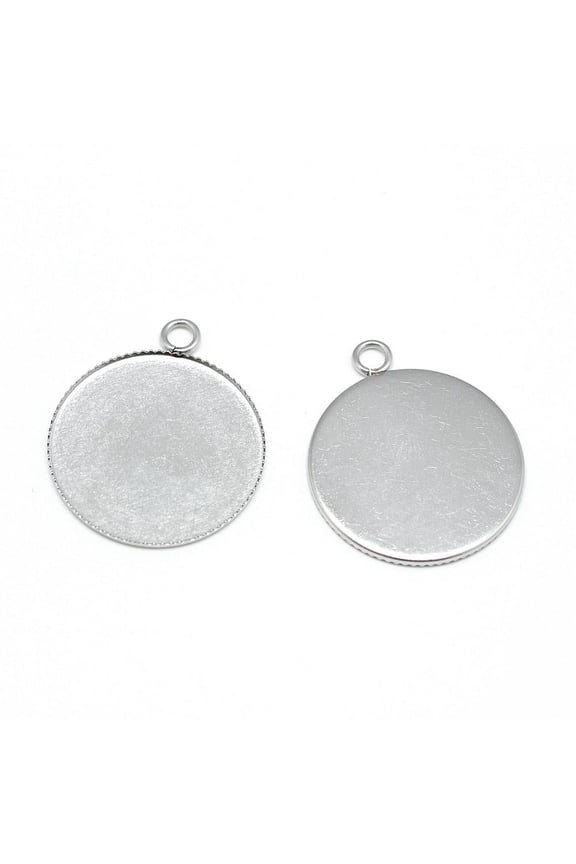 Resistant 304 Stainless Steel Pendant Cabochon Settings Serrated Edge Bezel Cups Flat Round Stainless Steel color Tray: 25mm 30.5x25.5x1mm Hole: 3mm
