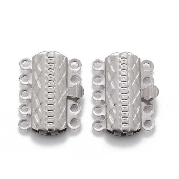 Tarnish Resistant 304 Stainless Steel box Clasps Multi-Strand Clasps 5-Strands 10-Holes Rectangle with Flower Stainless Steel color 19.5x15x3mm Hole: 1.4mm 304 Stainless Steel
