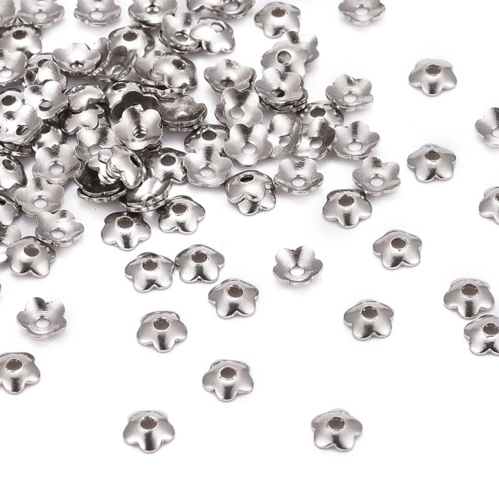Tarnish Resistant 5-Petal 316 Surgical Stainless Steel Bead Caps Stainless Steel color 4x1mm Hole: 1mm