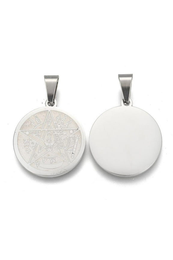 Tarnish Resistant Religion 304 Stainless Steel Flat Round Tetragrammaton Pentagram Wiccan Pendant Stainless Steel Color 27x24x2mm Hole: 8x4mm