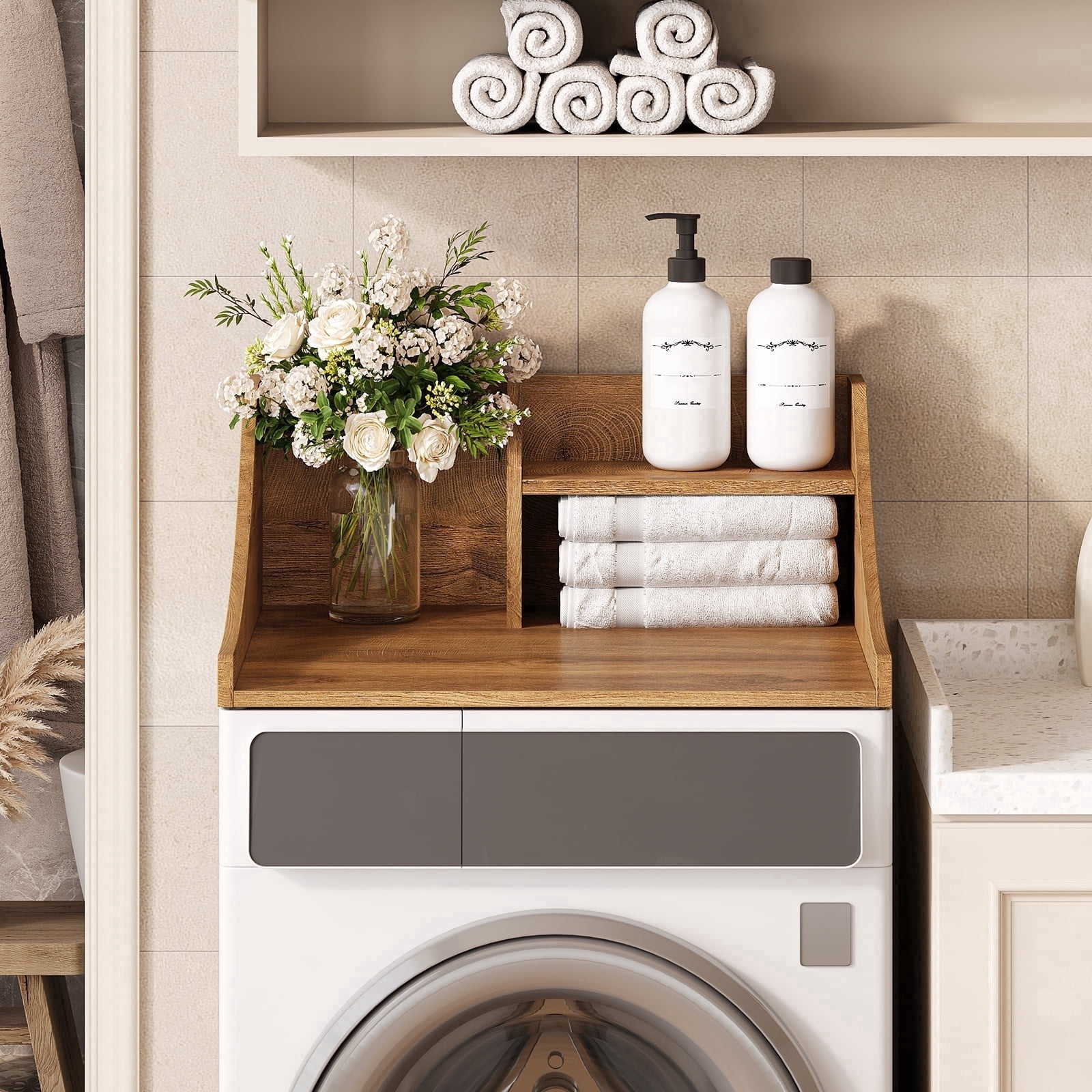 Tarnorci 27" Single Washer Dryer Countertop with Storage Shelf，Side Safety Edge for Laundry Room Organization