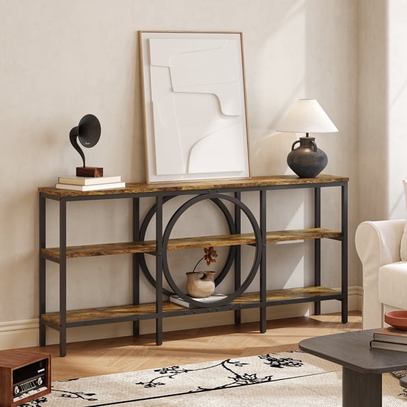 Tarnorci Extra Long Console Table, 66.92inch Narrow Sofa Tables with 3 Tier Wood Storage Shelves Industrial Metal Frame for Entryway Hallway Living Room Behind Couch Brindle