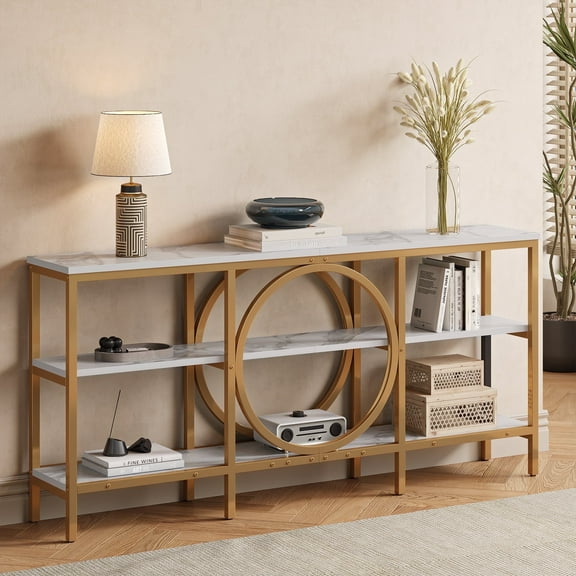 Tarnorci 66.9-Inch Narrow Sofa Table, 3 Tier Long Console Table with Storage Industrial Behind Couch Table Entryway Hallway Accent Table for Living Room, Foyer, Entrance