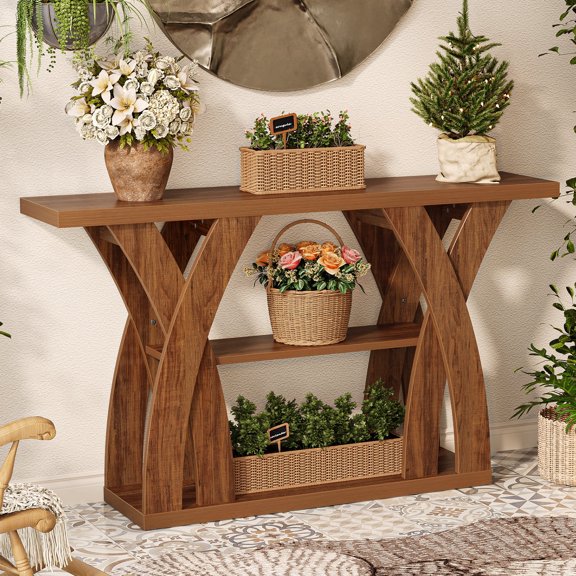 Tarnorci Arc Console Table Wood Sofa Table Behind Couch Waist Shaped Base for Hallway Foyer Entry