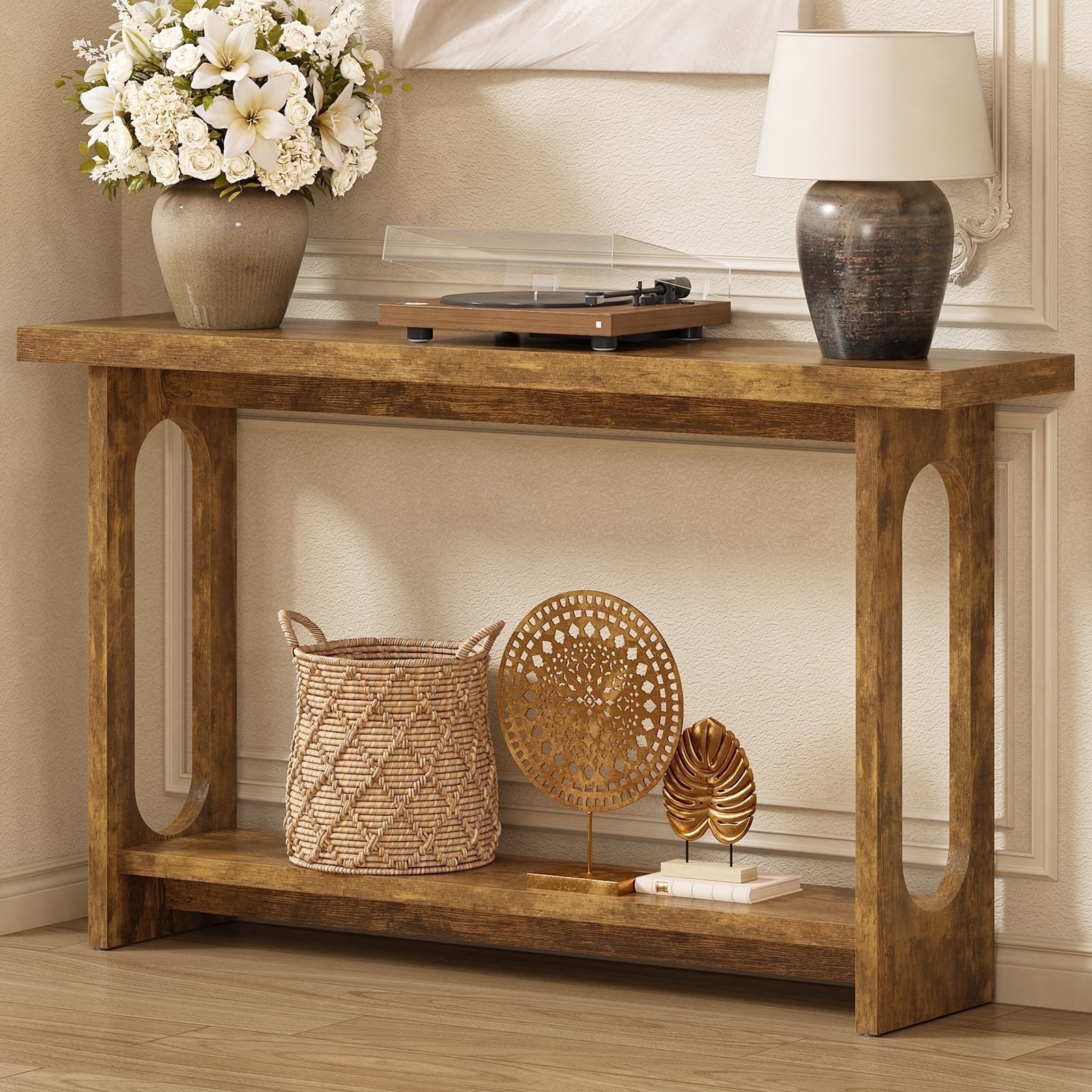 Tarnorci 54.33" Console Table, Narrow Entryway Sofa Table with Storage Shelves, Brown