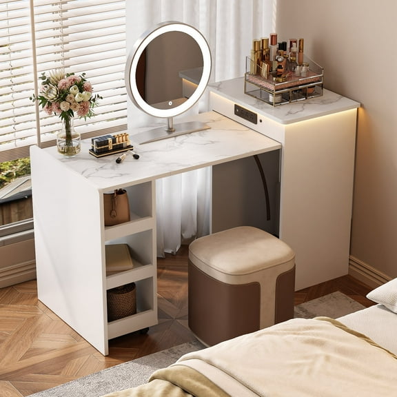 Tarnorci Folding Desk with Power Outlets & LED LightsMultifunctional Office Table with 3 Side CabinetWhite