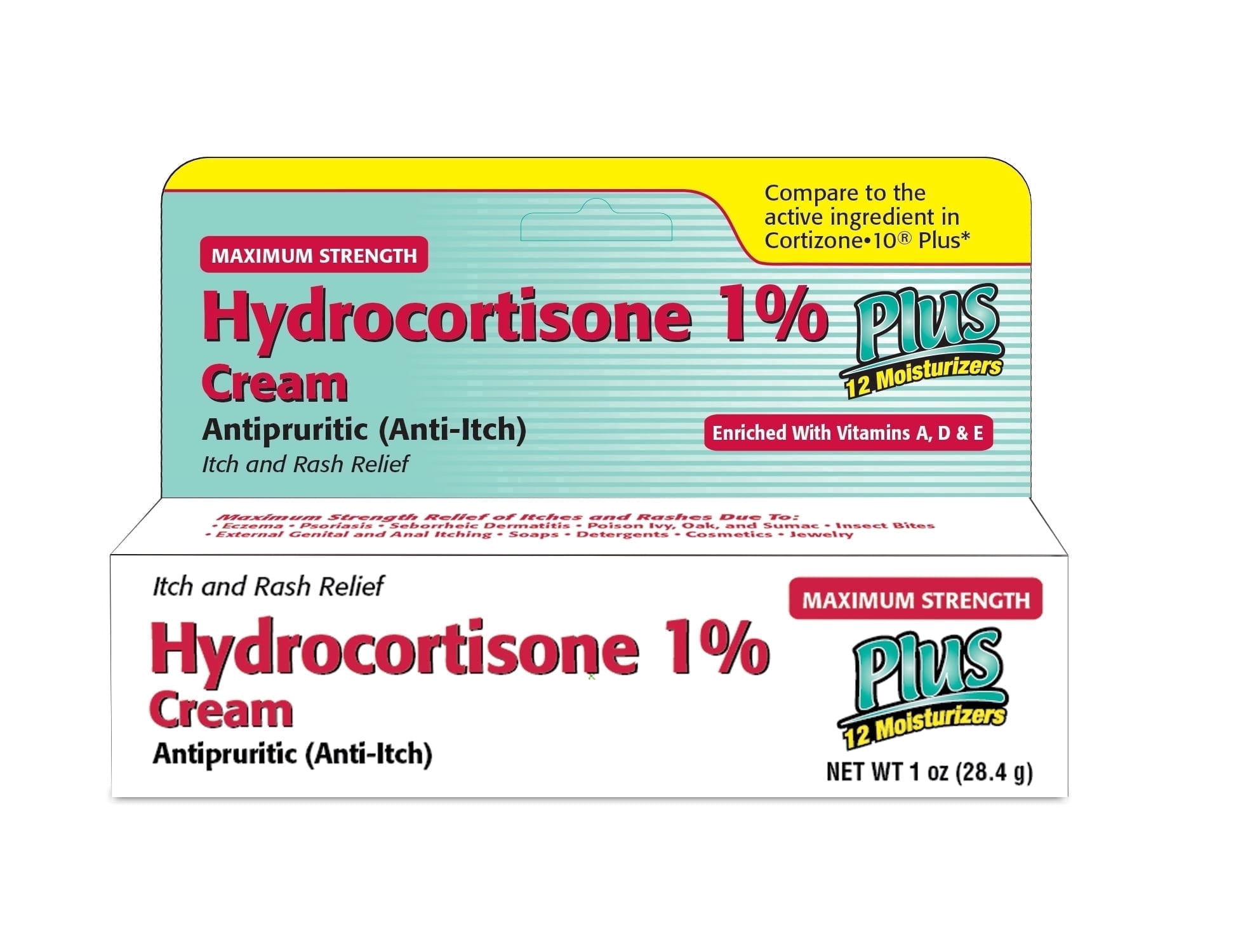 Hydrocortisone Cream 1% with 12 Moisturizers (1 Fl Oz) Fast-Acting Maximum Strength Anti-Itch Relief for Eczema, Psoriasis, Rashes, Hives, Bug Bites & Irritated Skin