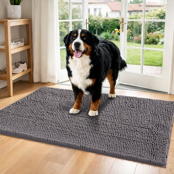 TaroKitc Dog Door Mat for Muddy Paws, 48"x24" Absorbent Dirt Trapper Washable Chenille Indoor Mats for Entryway, Quick Dry Non-Slip Front Door Mat, Entry Rug for Indoor and Outdoor, Grey